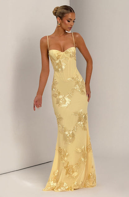 Vestido maxi mujer con bordado floral estilo boda