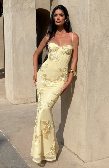 Vestido maxi mujer con bordado floral estilo boda