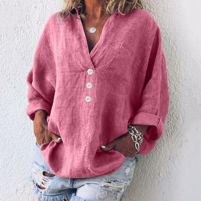 Blusa mujer de lino con botones escote en V y mangas largas vuelta - Mavetta