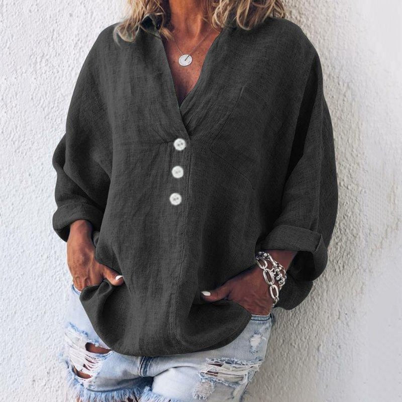 Blusa mujer de lino con botones escote en V y mangas largas vuelta