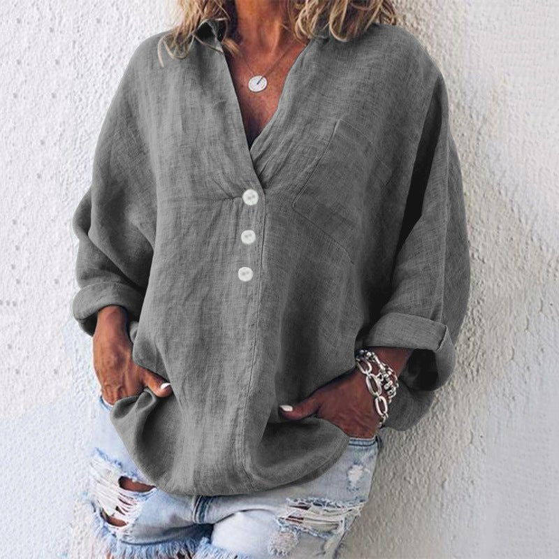 Blusa mujer de lino con botones escote en V y mangas largas vuelta