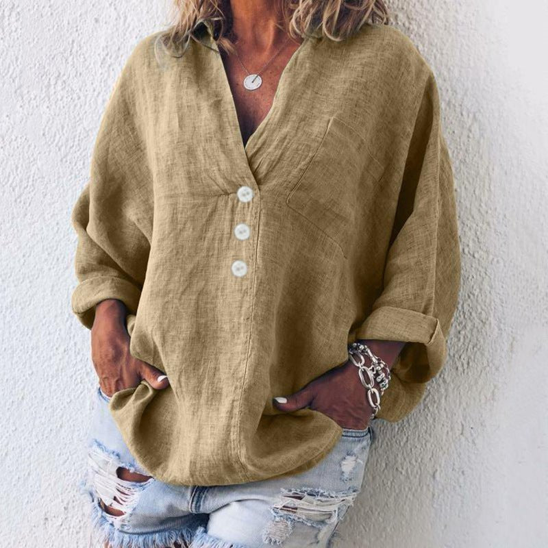 Blusa mujer de lino con botones escote en V y mangas largas vuelta