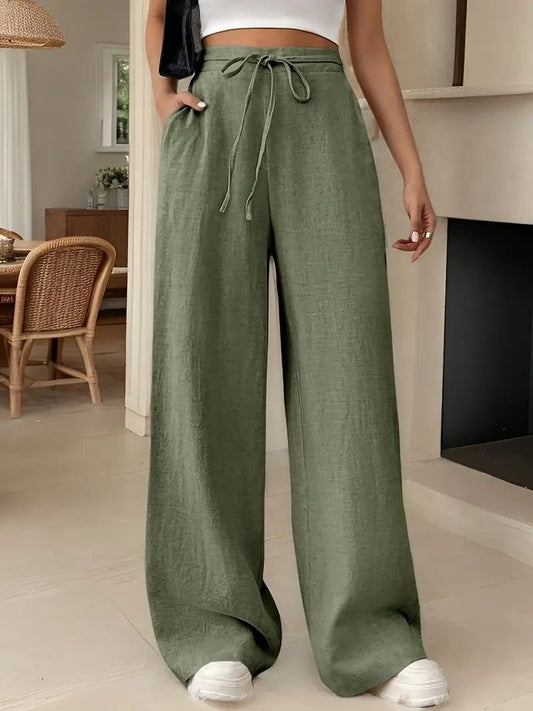 Pantalones Anchos Mujer de Lino Talle Alto con Cordón Ajustable - Mavetta