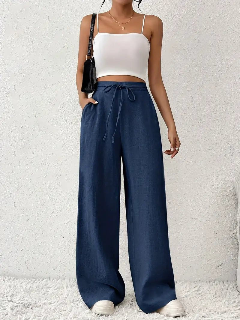 Pantalones Anchos Mujer de Lino Talle Alto con Cordón Ajustable