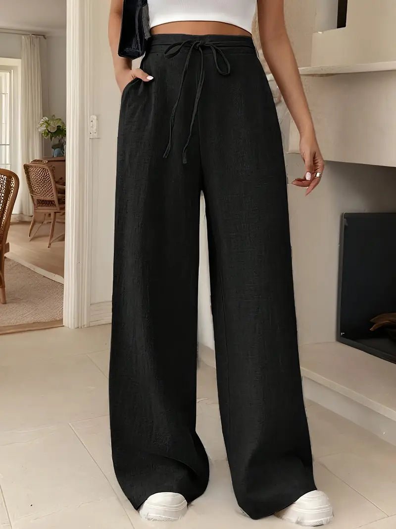Pantalones Anchos Mujer de Lino Talle Alto con Cordón Ajustable