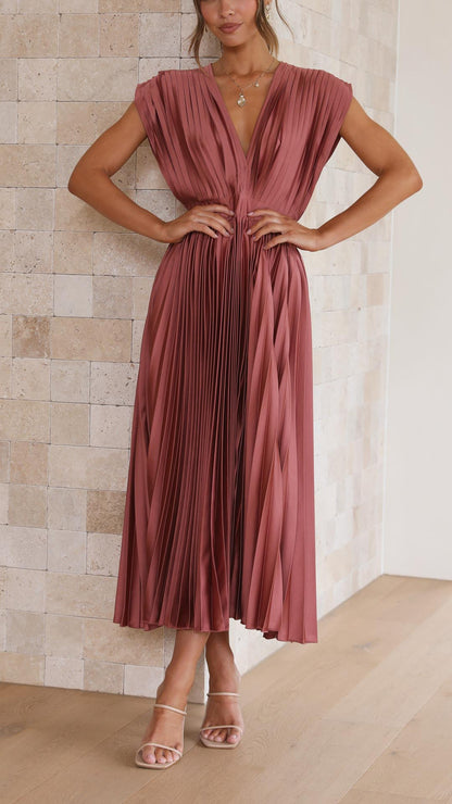 Vestido midi Mujer plisado escote en V elegante
