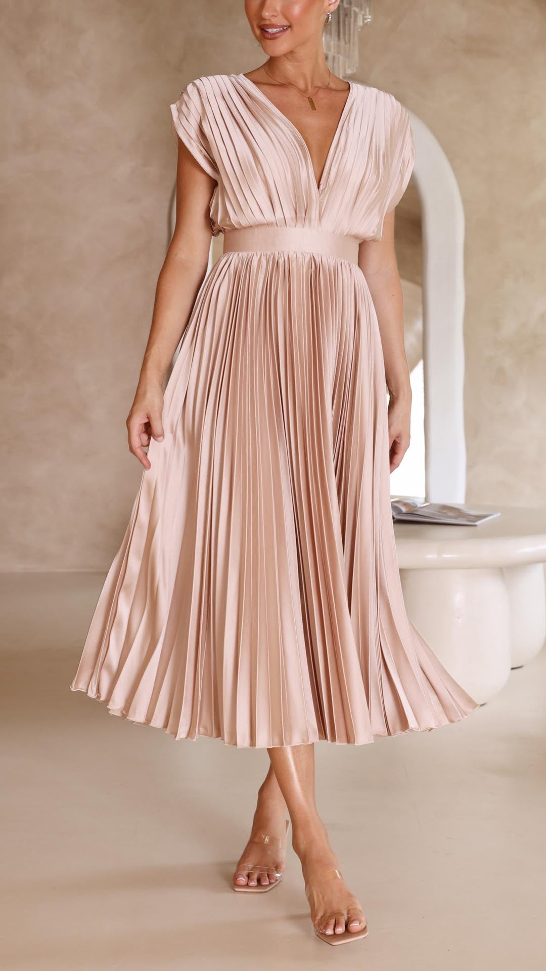 Vestido midi Mujer plisado escote en V elegante