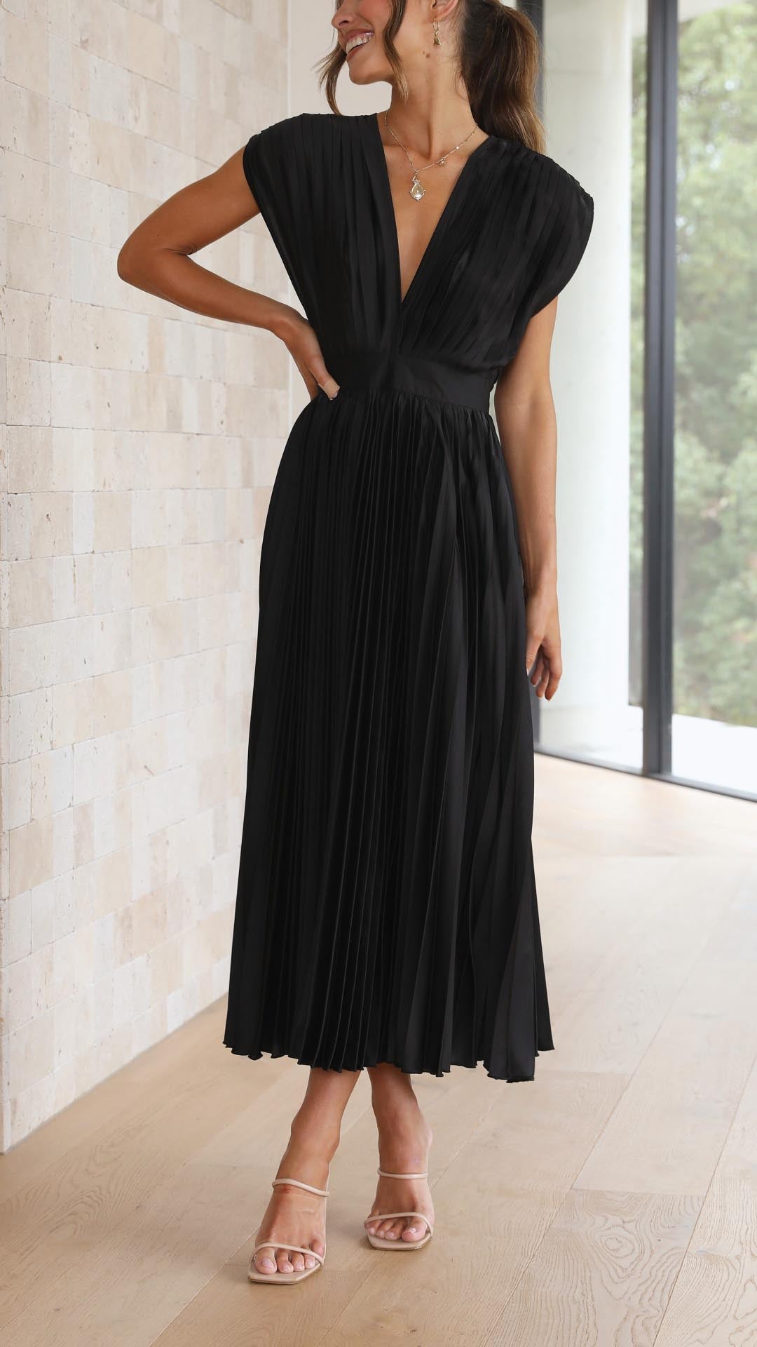 Vestido midi Mujer plisado escote en V elegante