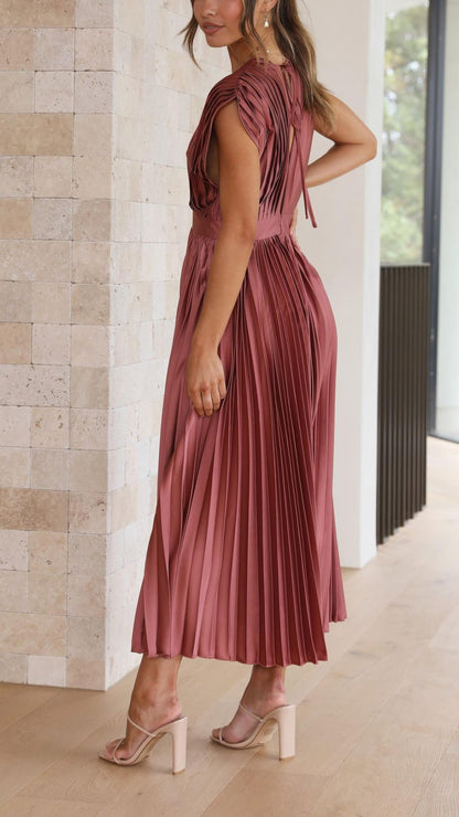 Vestido midi Mujer plisado escote en V elegante