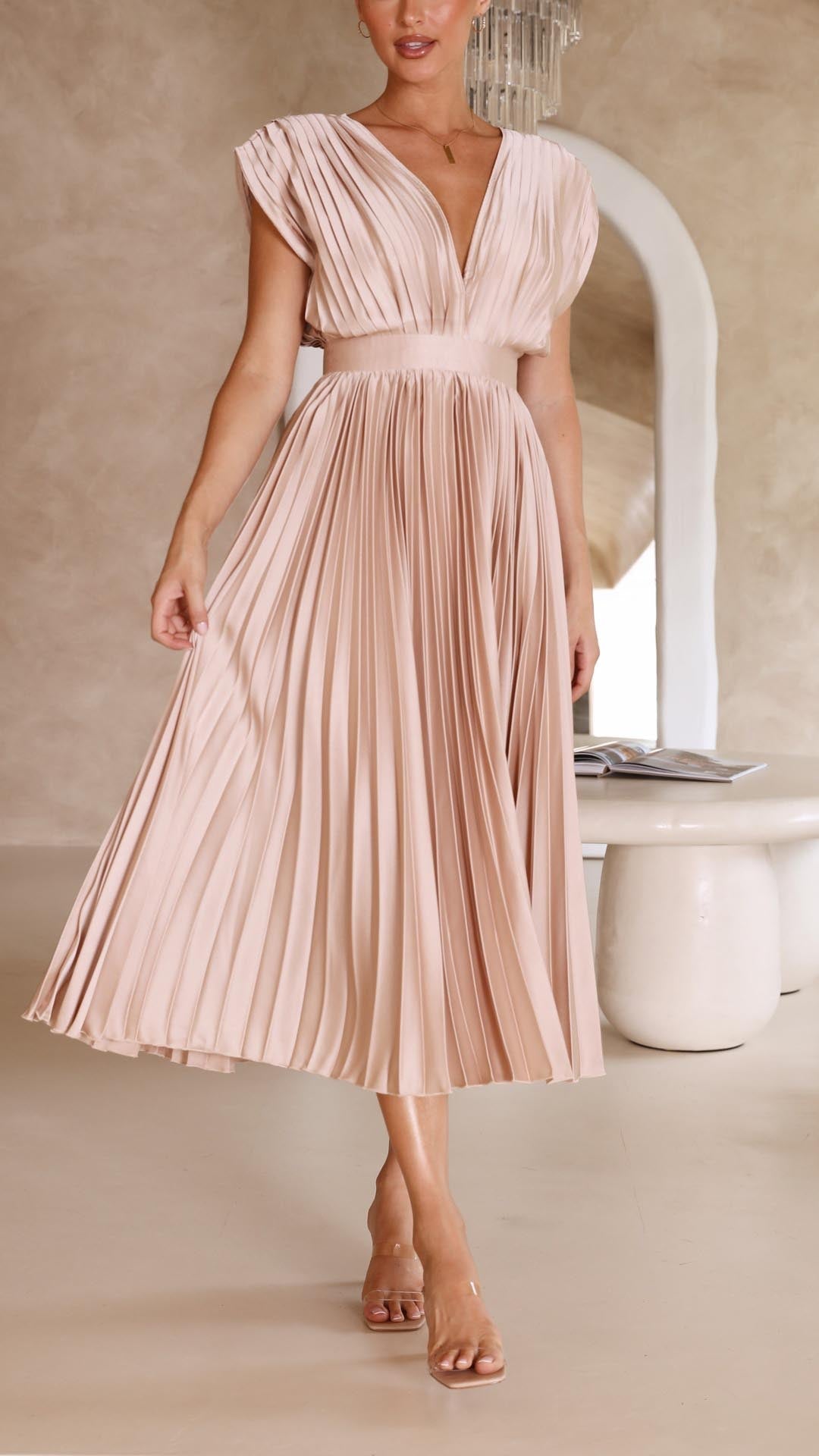 Vestido midi Mujer plisado escote en V elegante