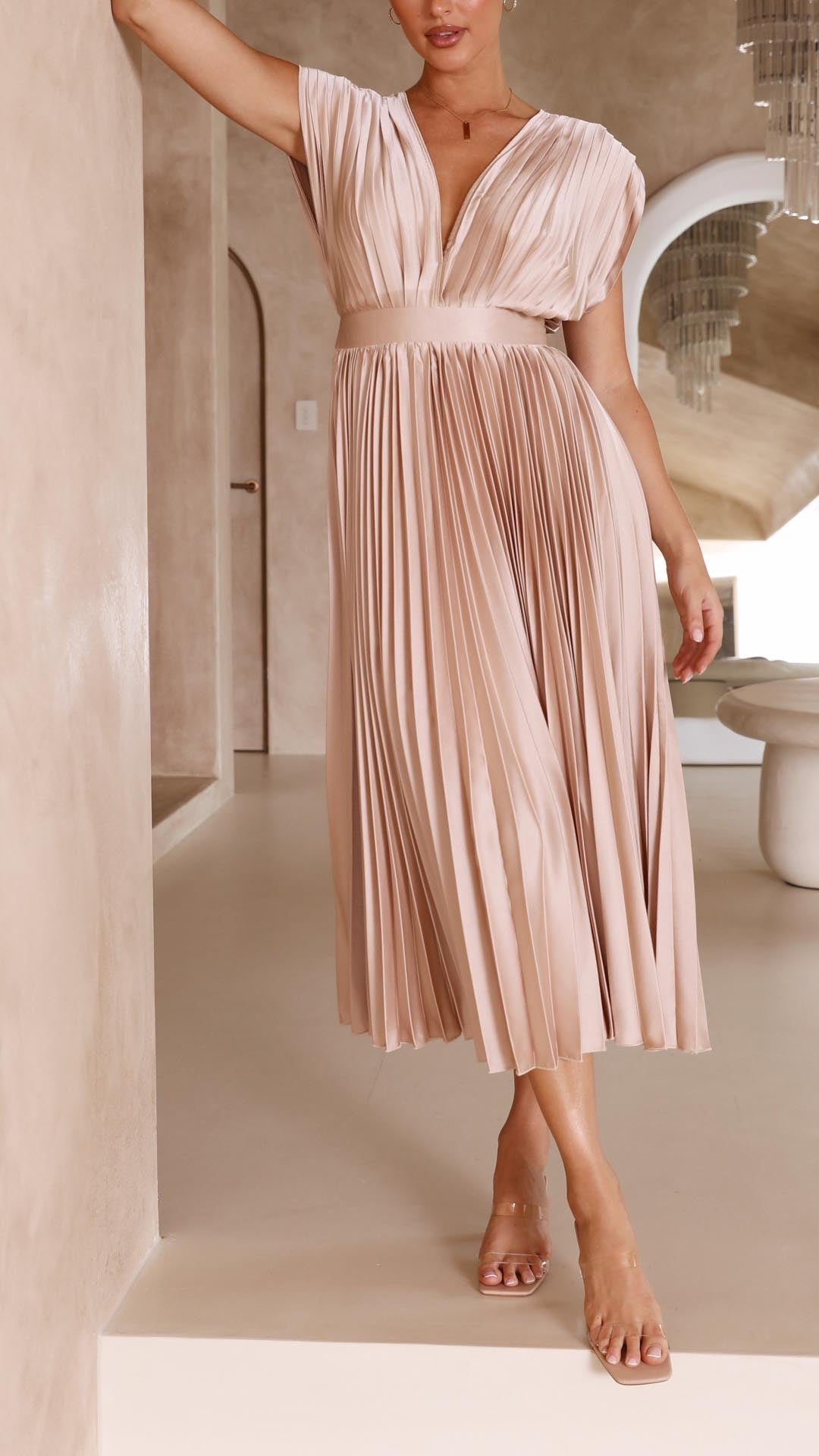 Vestido midi Mujer plisado escote en V elegante