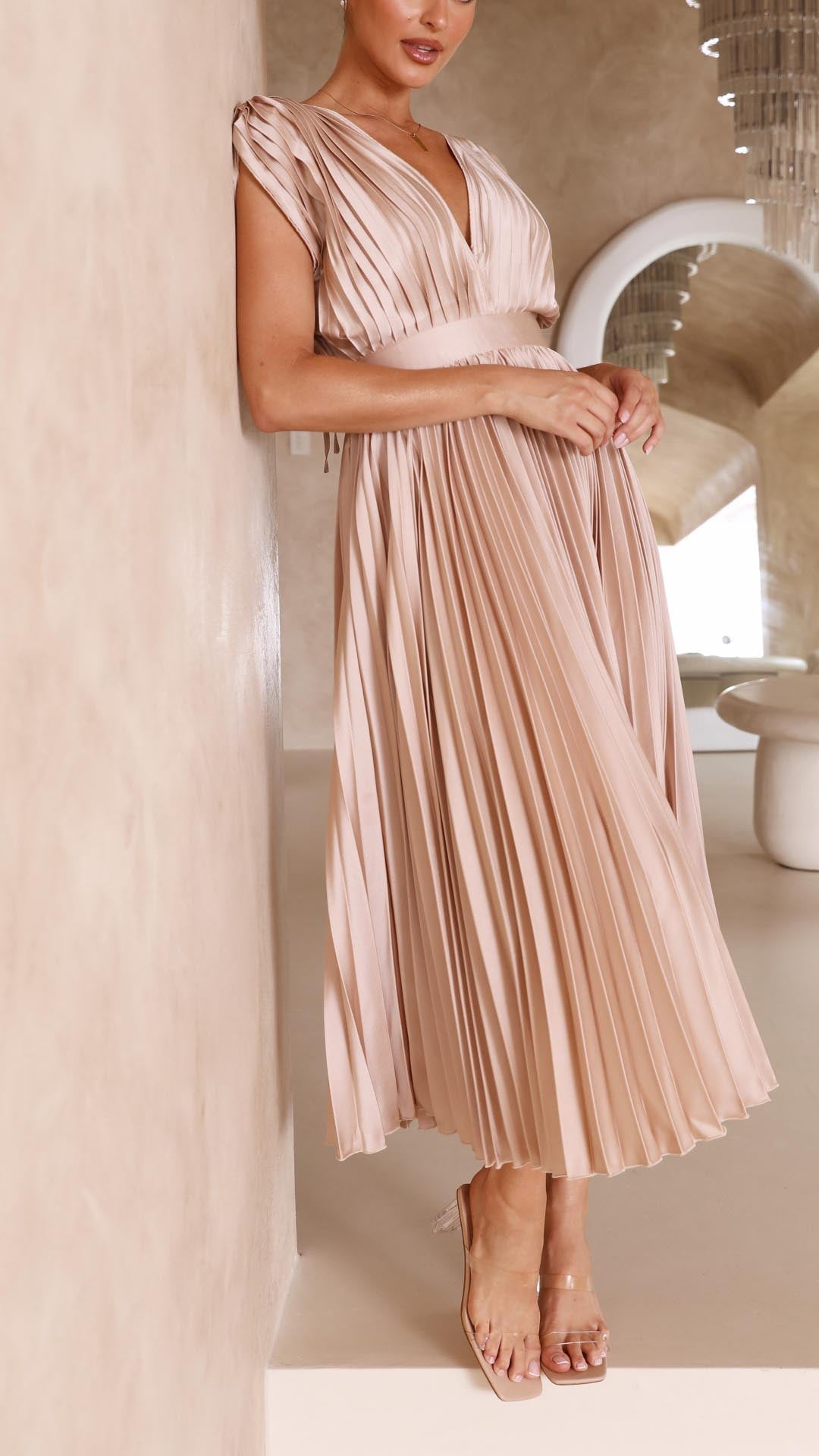 Vestido midi Mujer plisado escote en V elegante
