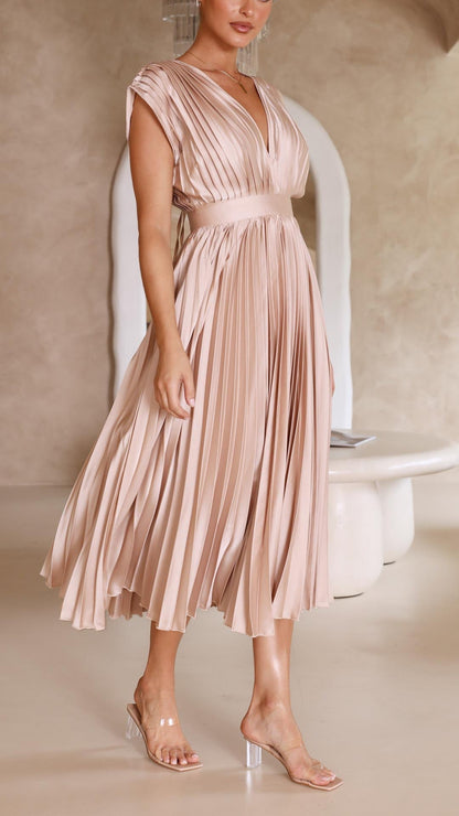 Vestido midi Mujer plisado escote en V elegante