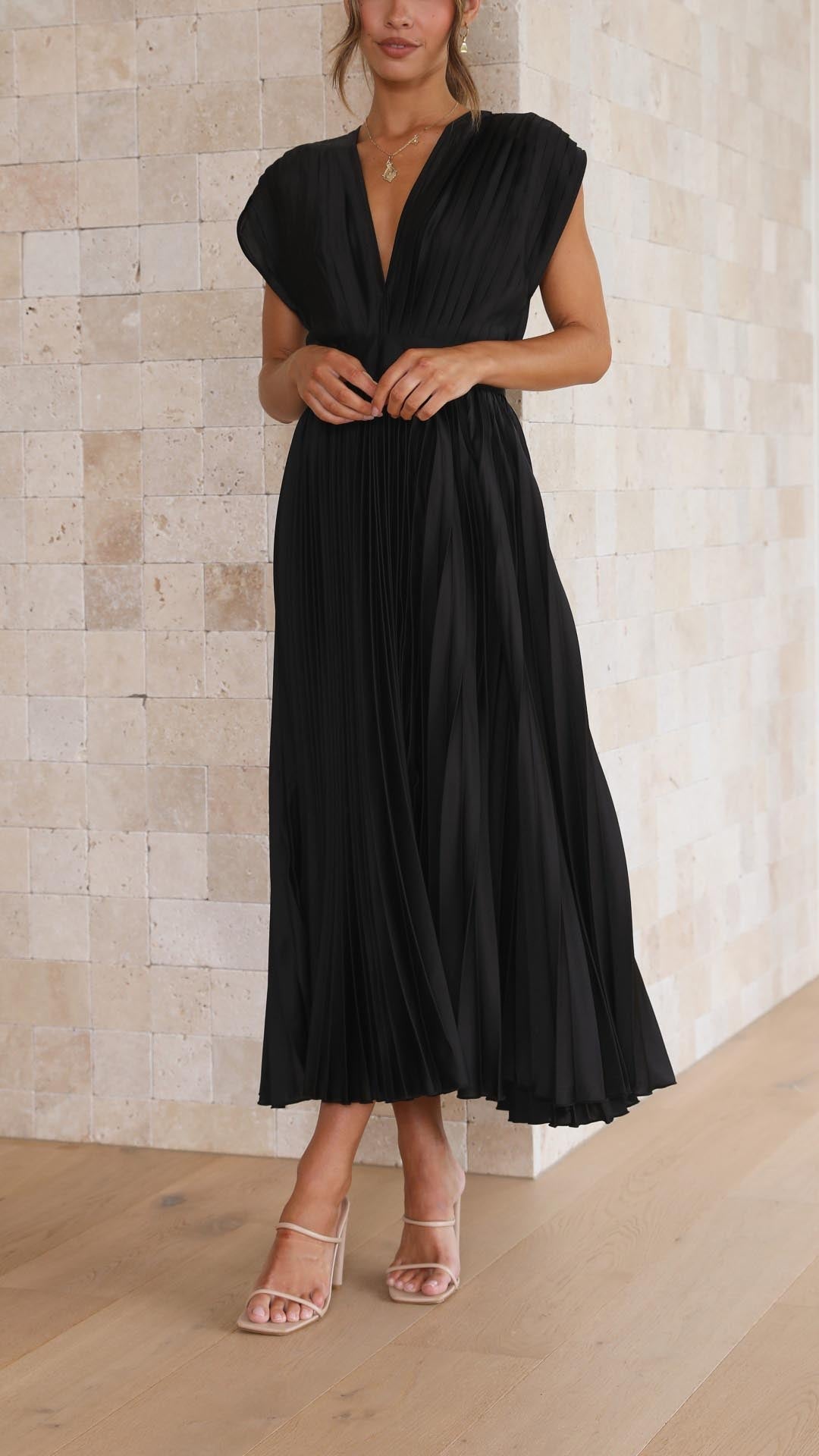 Vestido midi Mujer plisado escote en V elegante