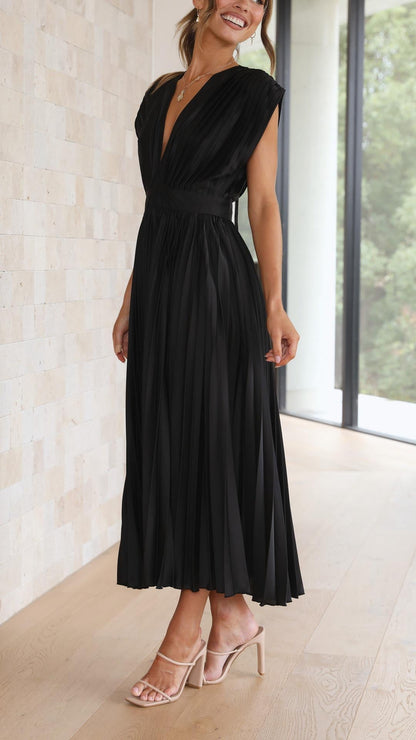 Vestido midi Mujer plisado escote en V elegante