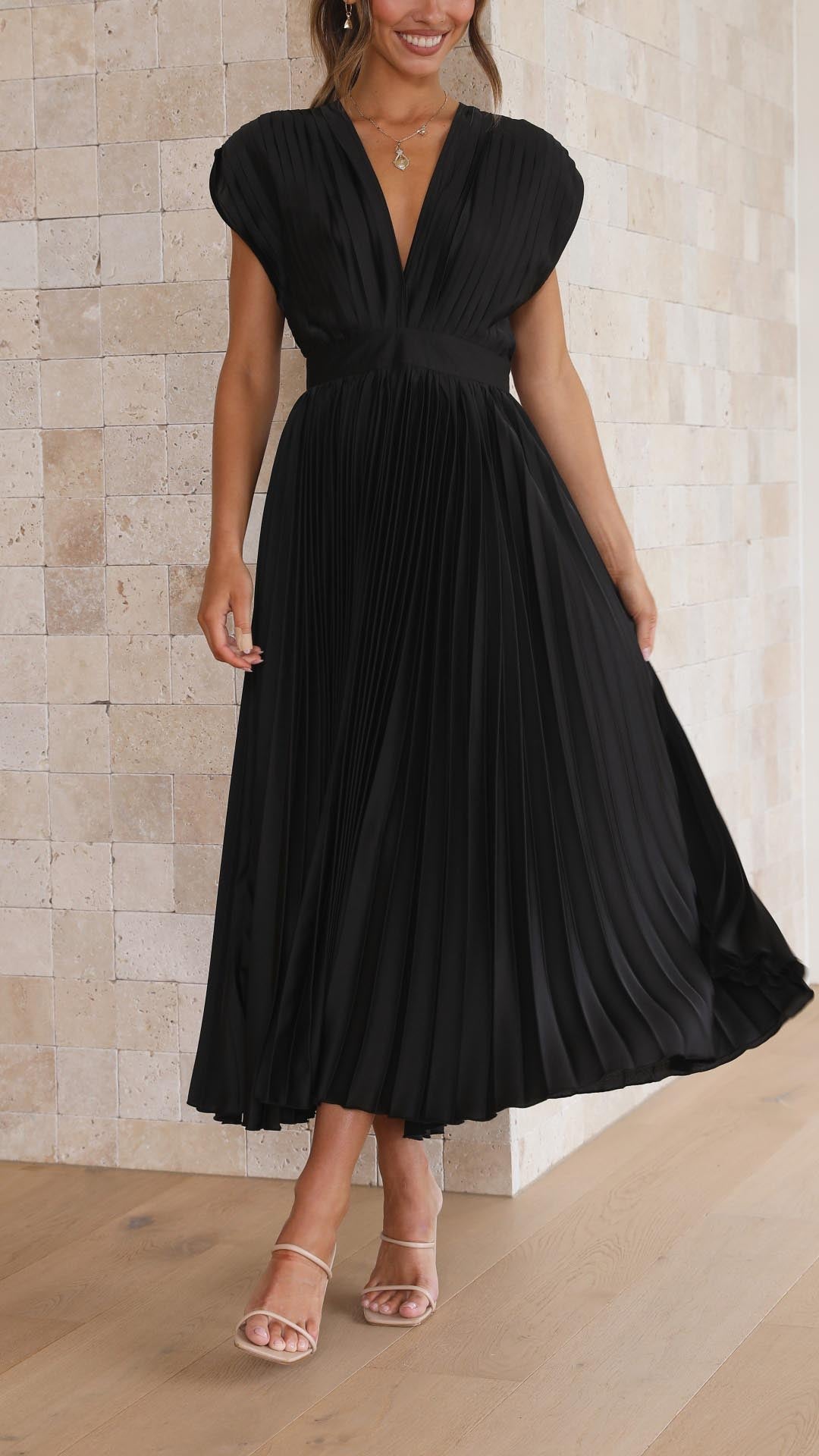 Vestido midi Mujer plisado escote en V elegante