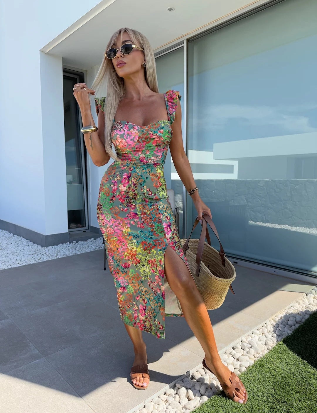 Vestido midi mujer con escote corazón y abertura lateral - Mavetta