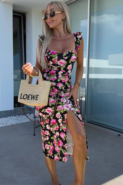 Vestido midi mujer con escote corazón y abertura lateral
