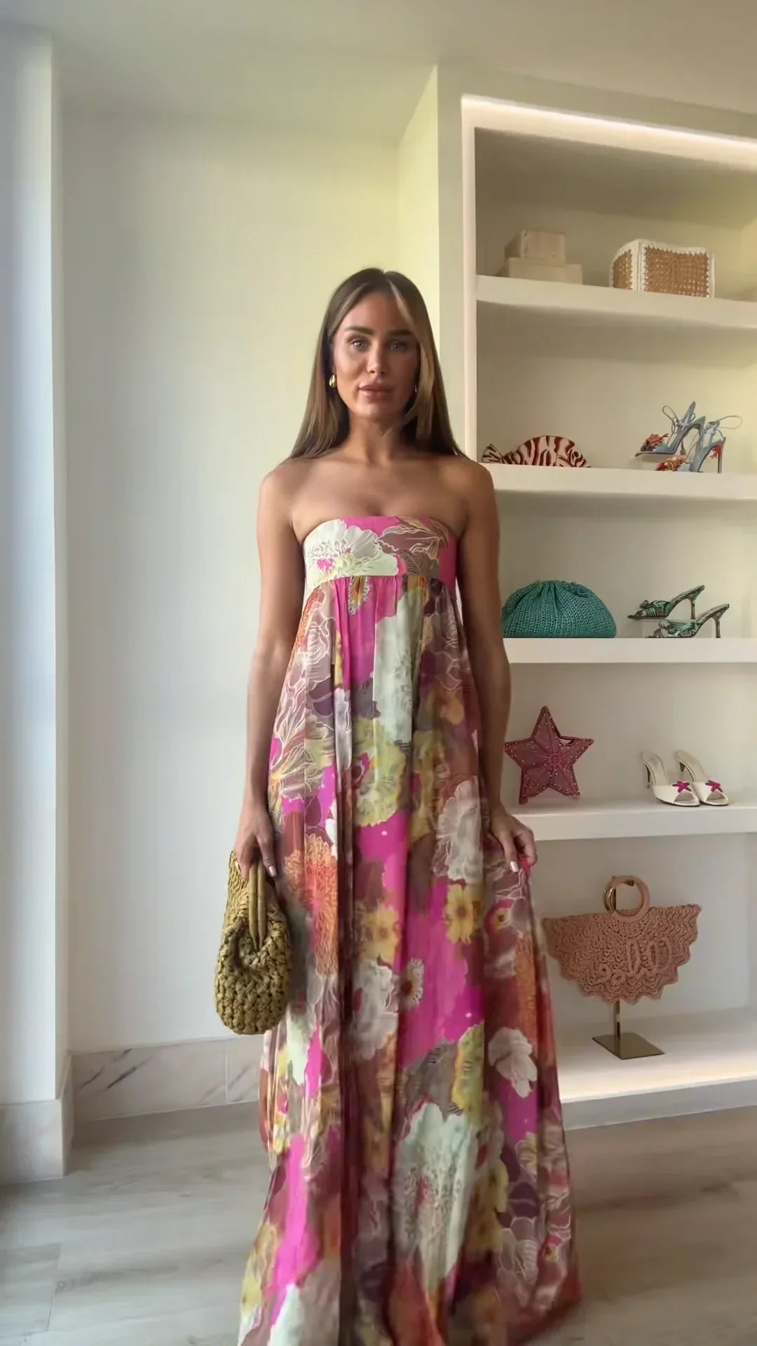 Vestido maxi mujer sin tirantes con estampado floral estilo boda