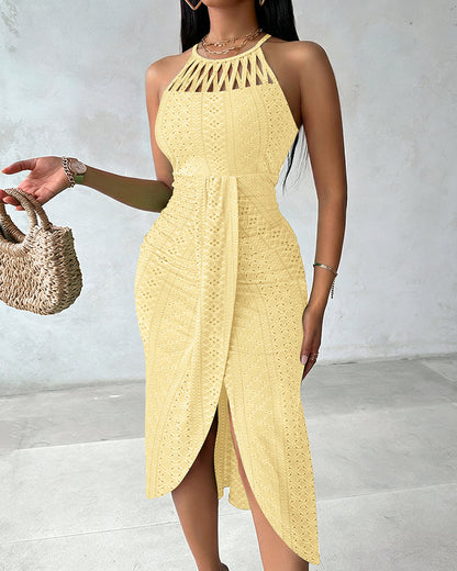 Vestido midi mujer Jacquard halter abertura verano