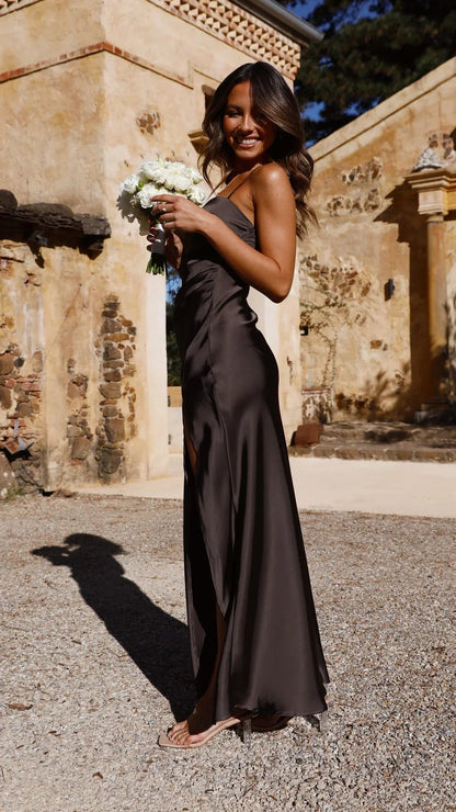 Vestido maxi mujer de satén tirantes finos primavera